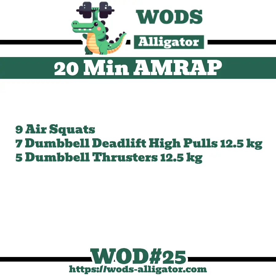 20 Min AMRAP 9 Air Squats 7 Dumbbell Deadlift High Pulls 12.5 kg 5 Dumbbell Thrusters 12.5 kg