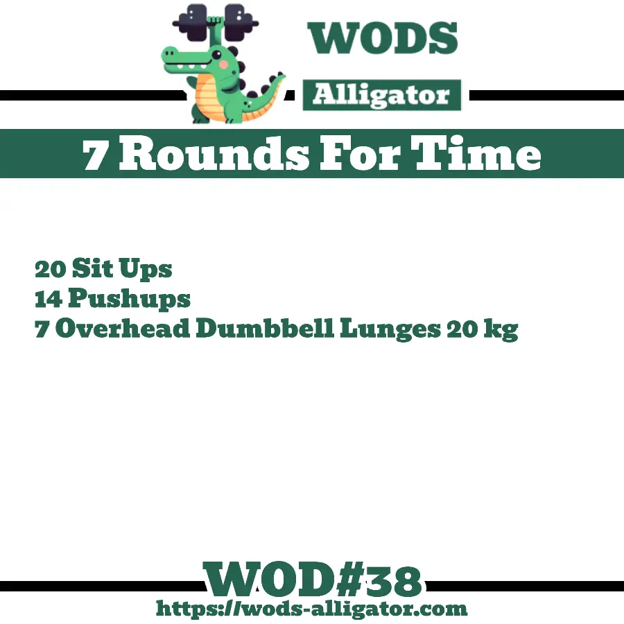 7 Rounds For Time 20 Sit Ups 14 Pushups 7 Overhead Dumbbell Lunges 20 kg