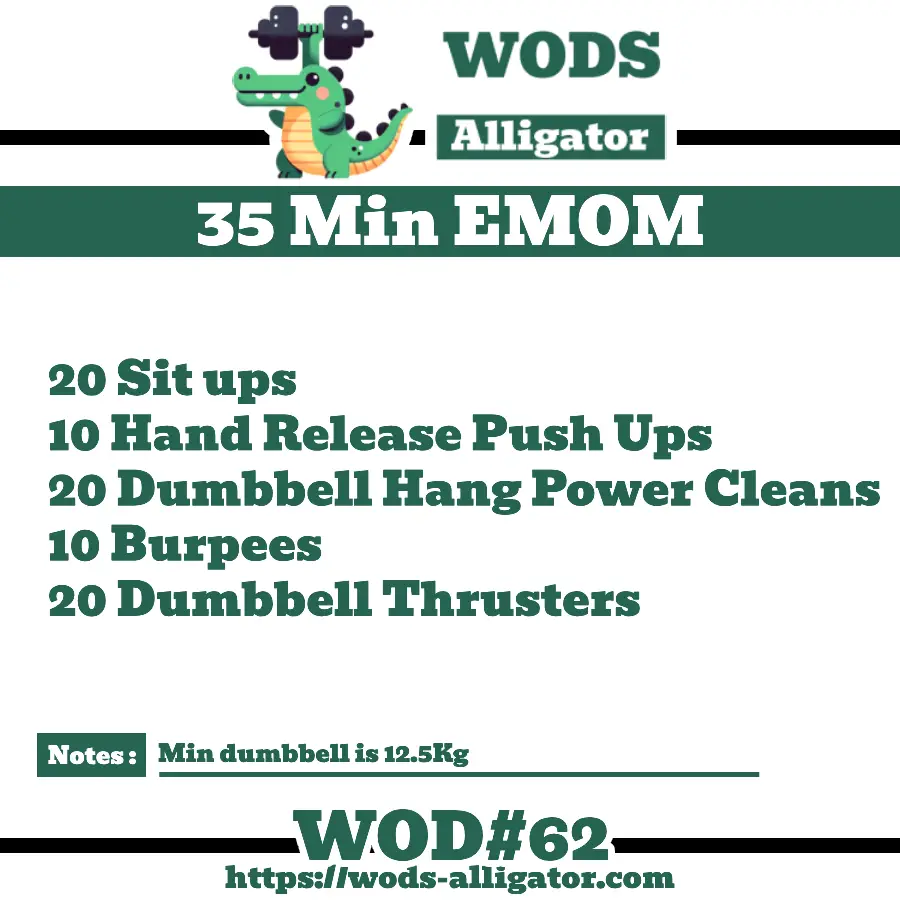35 Min AMRAP 20 Sit ups 10 Hand Release Push Ups 20 Dumbbell Hang Power Cleans 10 Burpees 20 Dumbbell Thrusters