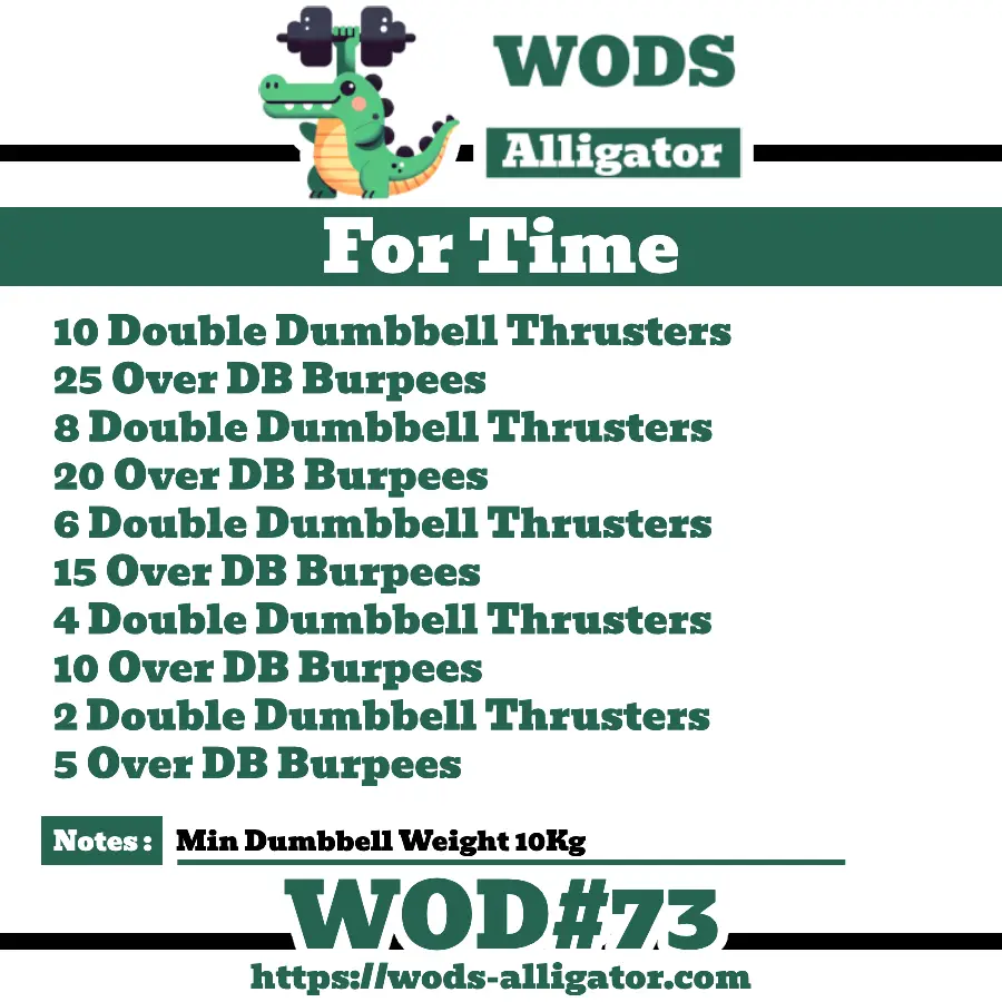 For time 10 Double Dumbbell Thrusters 25 Over DB Burpees 8 Double Dumbbell Thrusters 20 Over DB Burpees 6 Double Dumbbell Thrusters 15 Over DB Burpees 4 Double Dumbbell Thrusters 10 Over DB Burpees 2 Double Dumbbell Thrusters 5 Over DB Burpees