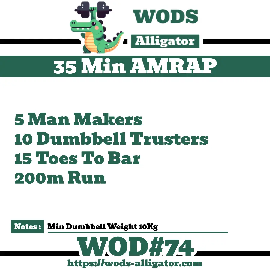 35Min AMRAP 5 Man Makers 10 Dumbbell Trusters 15 Toes To Bar 200m Run