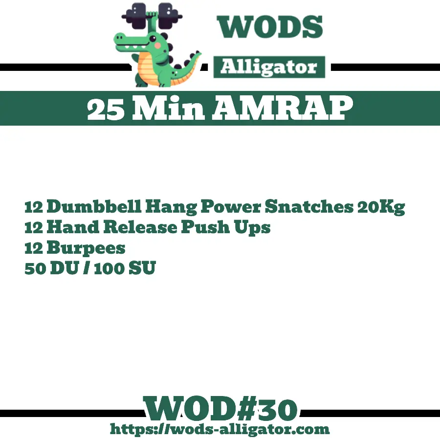 25Min AMRAP 12 Dumbbell Hang Power Snatches 20Kg 12 Hand Release Push Ups 12 Burpees 50 DU / 100 SU