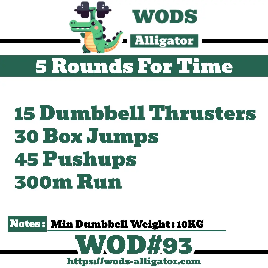 #93- 5RFT WOD 15 Dumbbell Thrusters 30 Box Jumps 45 Pushups 300m Run
