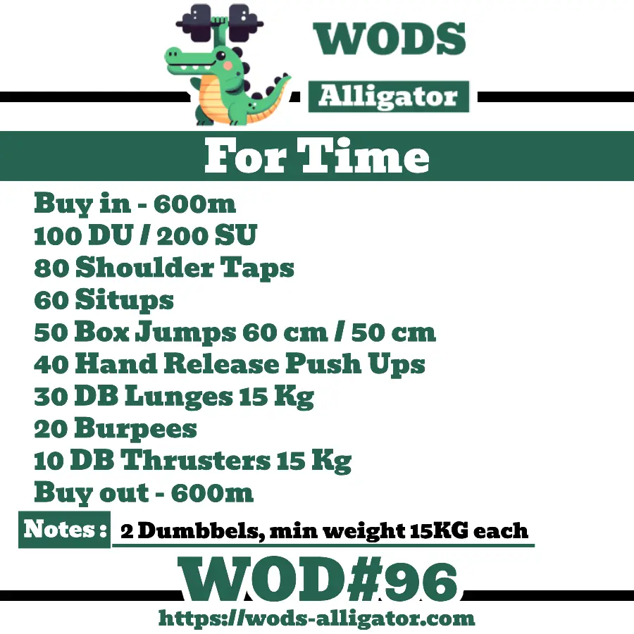 #96- For Time WOD Buy in - 600m 100 DU / 200 SU 80 Shoulder Taps 60 Situps 50 Box Jumps 60 cm / 50 cm 40 Hand Release Push Ups 30 DB Lunges 15 Kg 20 Burpees 10 DB Thrusters 15 Kg Buy out - 600m